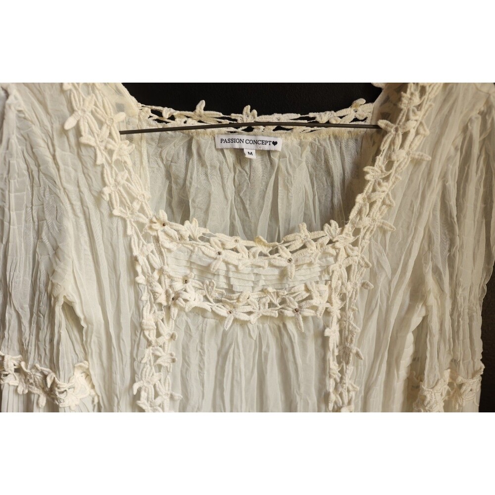 Passion Concepts Accordion Pleat Lace Tunic Boho Fairy Cottage Floral Coquette M - Picture 2 of 9